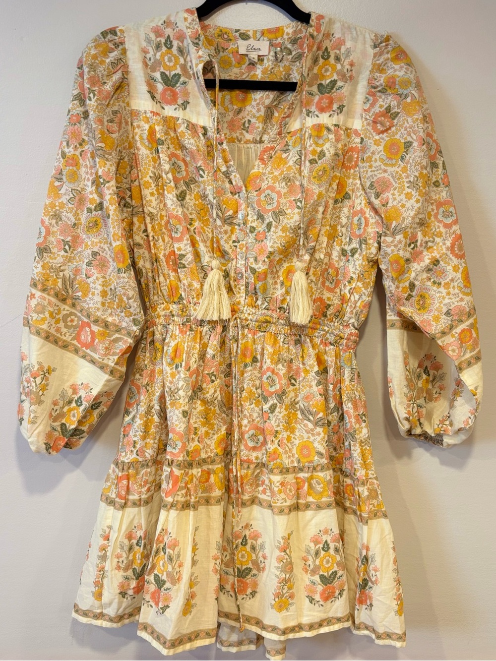 ELAN Monterey Print Tie Neck Long Sleeve Mini Dress Floral Boho Cream Yellow S - Picture 1 of 8